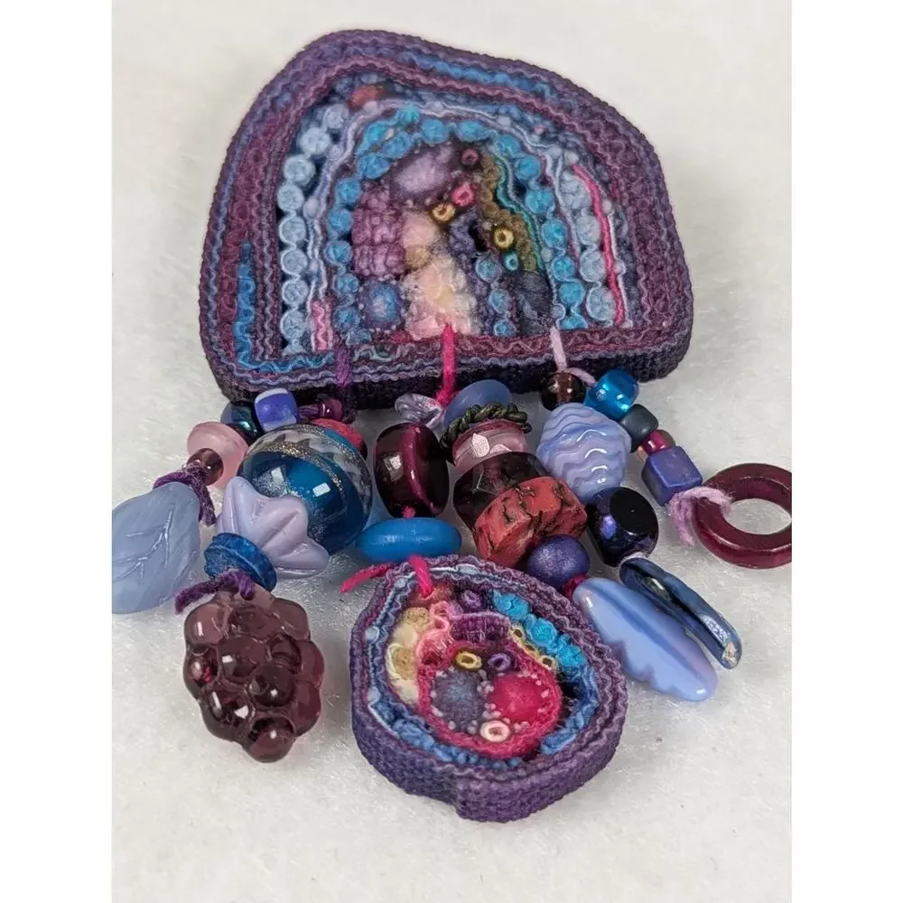 Handmade Fiber Art Pin Brooch - Mixed Media & Art beads- Juried Gallery Piece